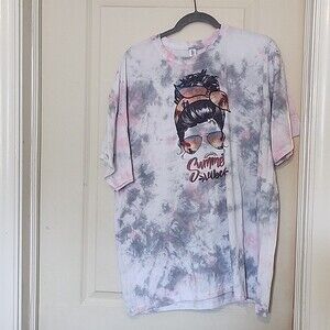 Summer Vibes Mom Bun Pink & Gray Tie Dye Jerzees Dri-Power Graphic T-Shirt 3X